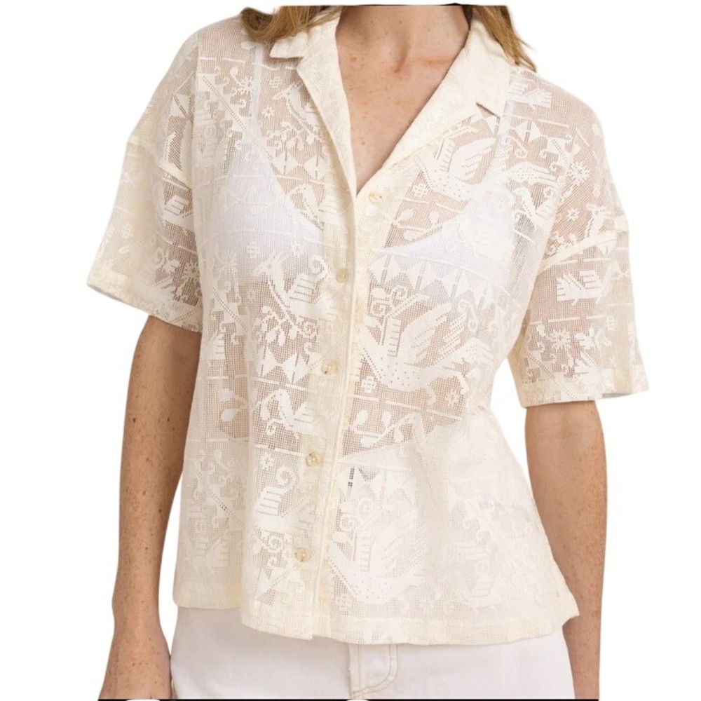 Roark Riviera Short Sleeve Shirt Lace Guipure Boho Mediterranean Coconut M NWT